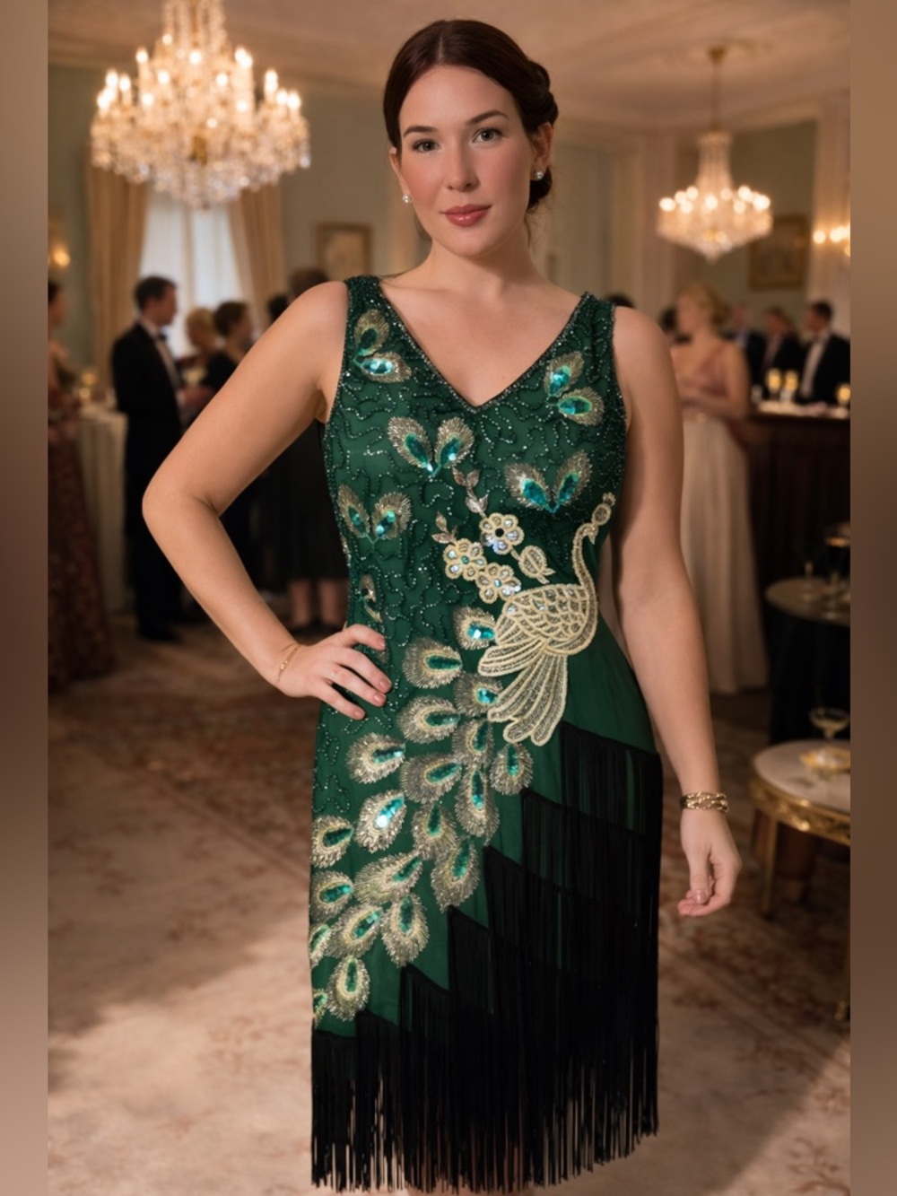 Vintage Elegant Green and Black Embellished Dress